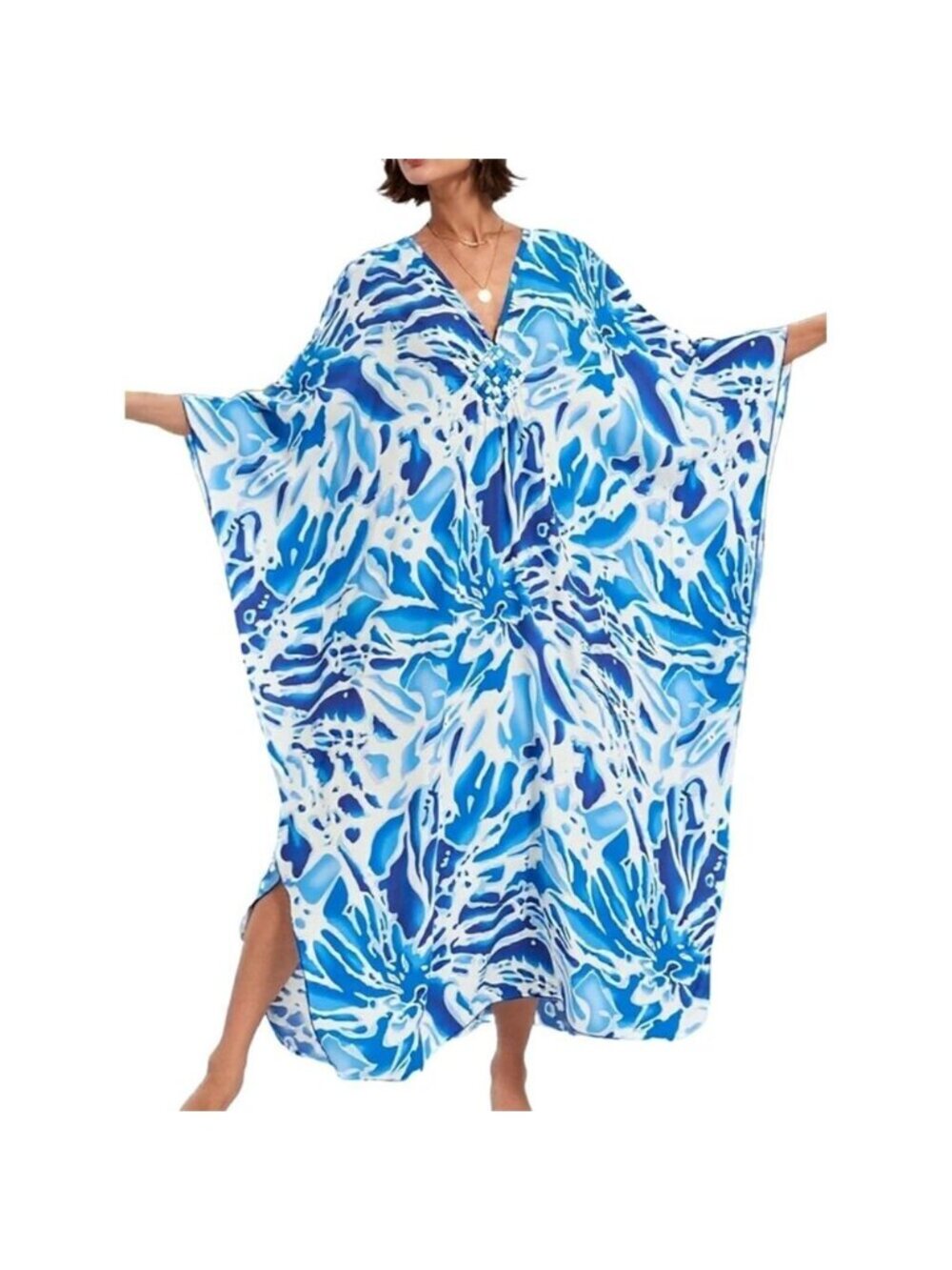 Women's Blue White V-neck Batwing Sleeve Flowy Split Hem Bohemian Kaftan Dress